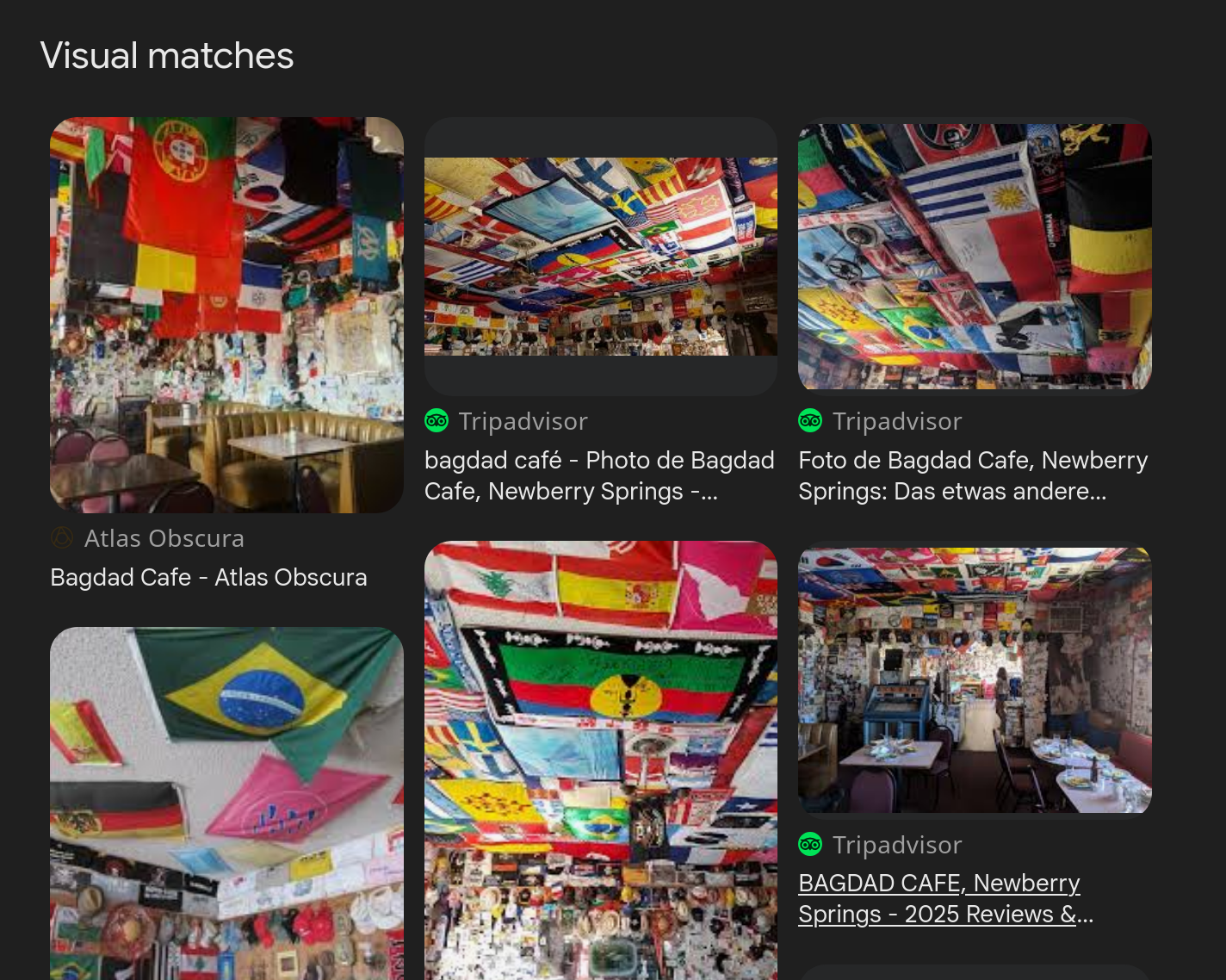 A screenshot of Google’s ‘Visual matches’ panel showing multiple photos of a café interior covered in international flags on the ceiling and walls. Each thumbnail displays colorful flags and decorated dining areas, with sources including Atlas Obscura and Tripadvisor.