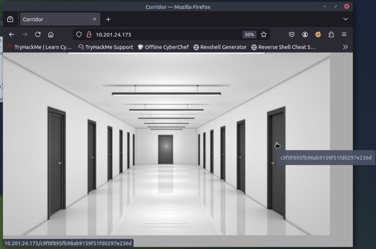 A white corridor with black doors. The mouse is hovering over a door, showing a link.