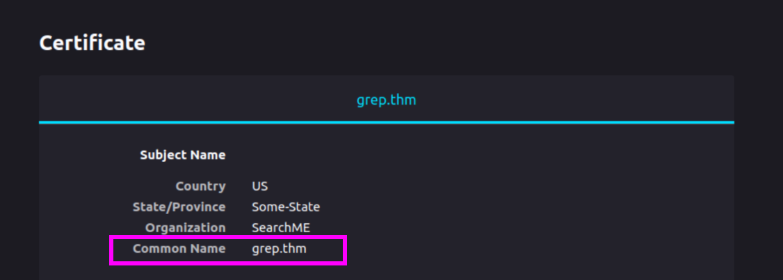 A certificate information page. Large header text reads “Certificate”. Further information is shown, including that the common name for this site is grep.thm