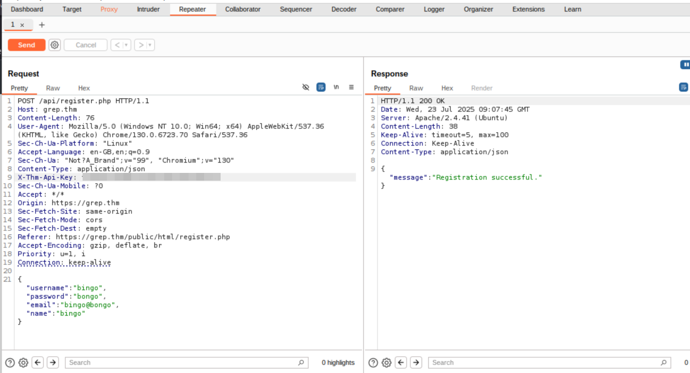 Burpsuite in use, the repeater tab is open and the request has been edited to change the API key (now blurred). The response shows that this has been successful