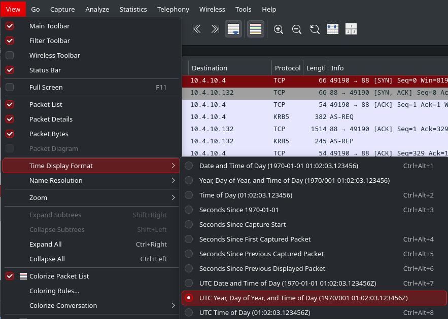 A Wireshark screenshot showing the above View > Time Display Format > UTC Year, Day of Year, and Time of Day options