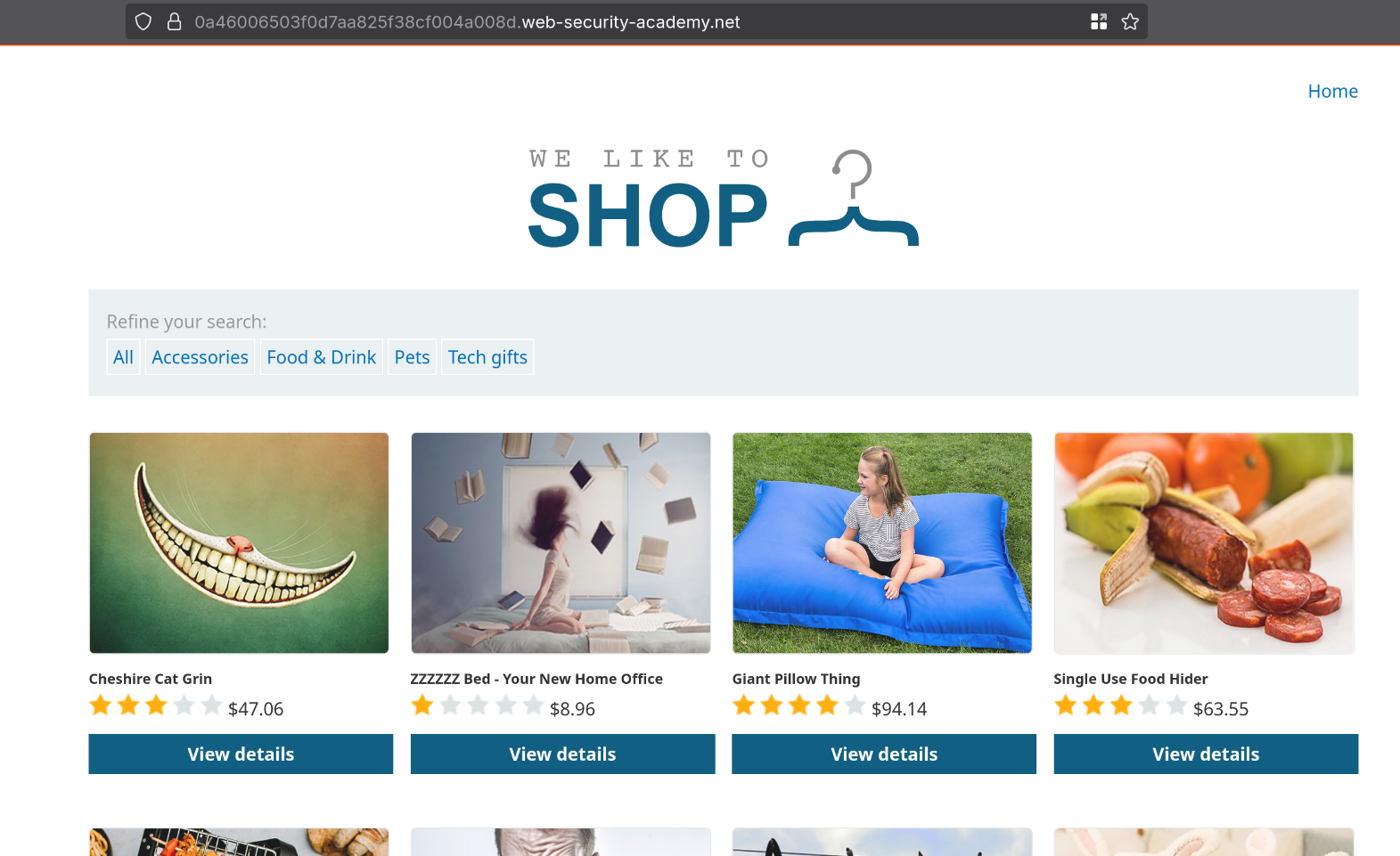A webpage storefront with the heading title: We like to shop. There are options to refine the search with filters; All, Accessories, Food & Drink, Pets, and Tech Gifts