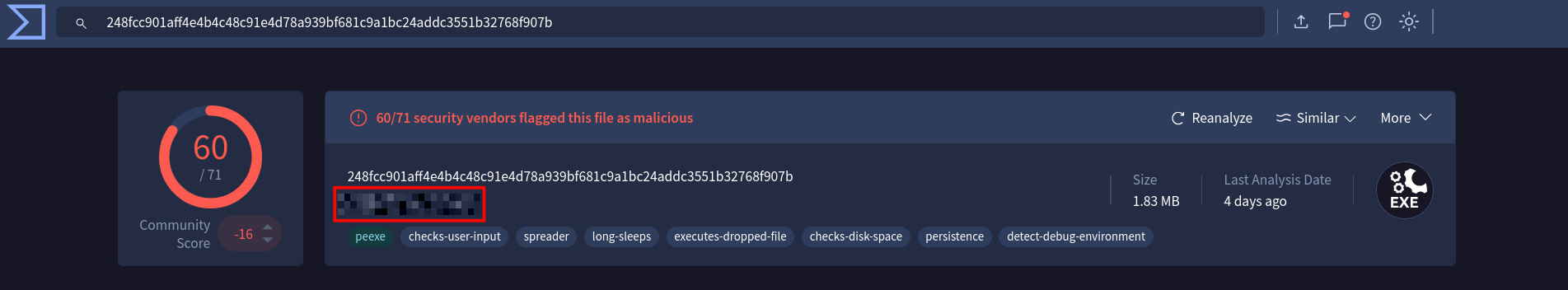 A screenshot of the VirusTotal report showing that 60 out of 71 vendors have reported the file as suspicious, the file hash is a long string of characters, and a blurred out answer to the question (being the name of the exe)